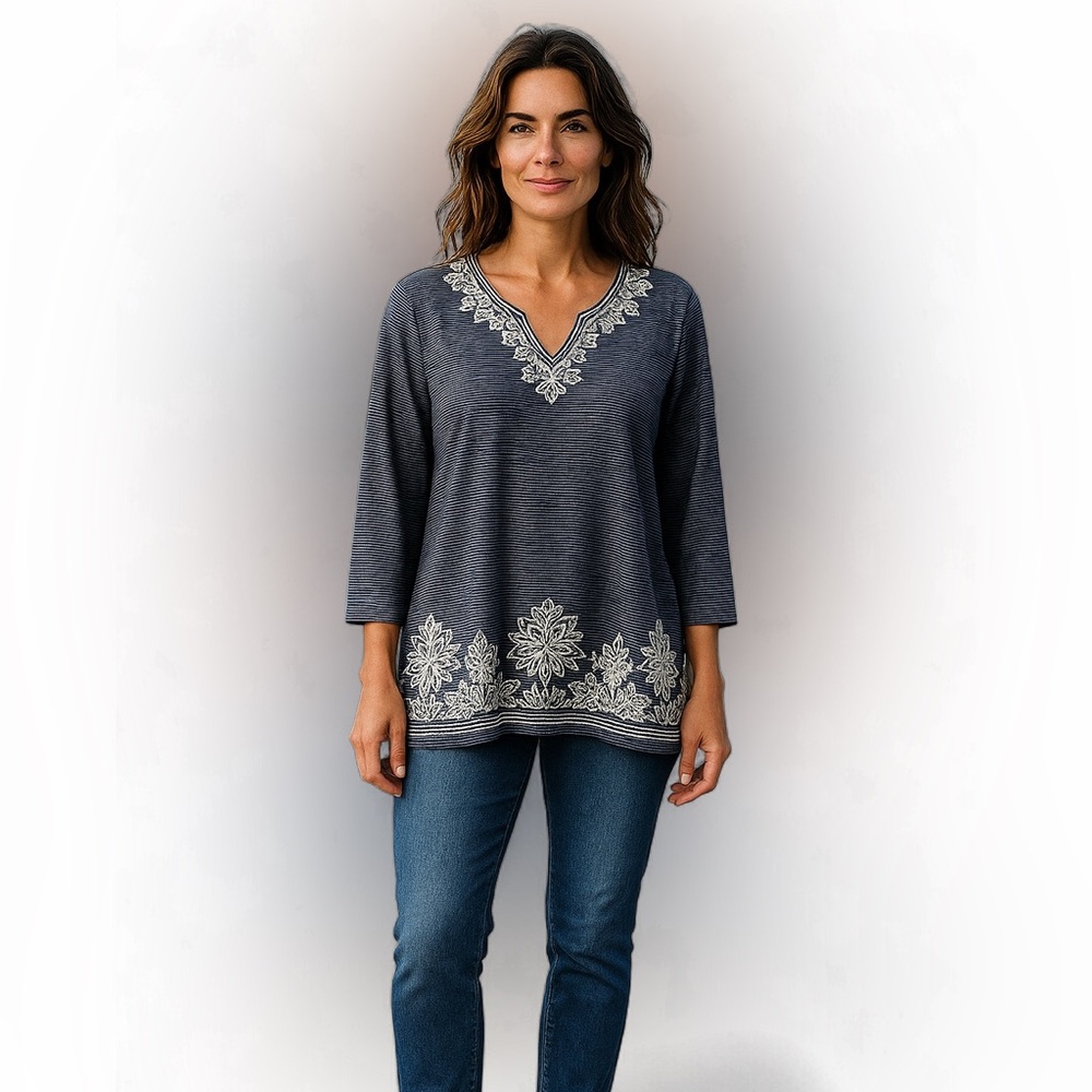 Alfred Dunner Navy Blue and White Embroidered  Blouse